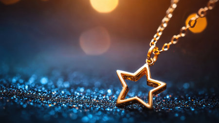 This stunning image features a delicate gold star pendant necklace set against a rich, glittering background with soft bokeh lights, ideal for jewelry promotions.の素材