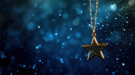 An exquisite star pendant necklace drapes elegantly against a soft blue backdrop, featuring a mesmerizing bokeh of shimmering lights for a magical effect.の素材
