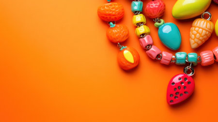 This image features a vibrant necklace adorned with colorful fruit-themed beads against an orange background, perfect for summer and playful fashion.の素材