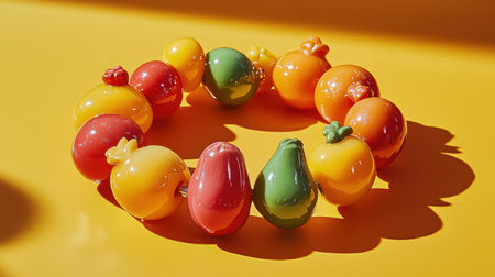 This colorful fruit-inspired decorative wreath showcases a playful design against a bright yellow background, perfect for home decor and artistic arrangements.の素材