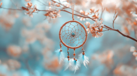 This enchanting image captures a dreamcatcher adorned with soft feathers, gracefully hanging among delicate cherry blossom branches, creating a serene and whimsical atmosphere.の素材