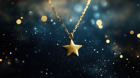 This beautiful golden star necklace features a pendant that shines against a dreamy, sparkly background, perfect for highlighting elegance and fashion.の素材