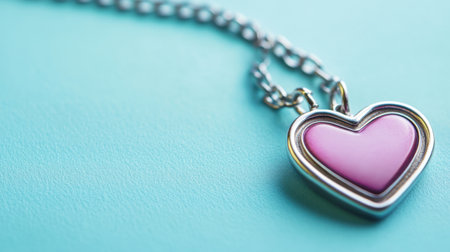 A delicate pink heart pendant necklace, elegantly set against a light blue background, showcasing its silver chain and artistic design for jewelry enthusiasts.の素材