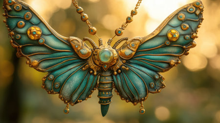 This captivating image showcases a vintage butterfly necklace with intricate metal detailing and vibrant turquoise accents. The soft blurred background enhances the artistic beauty of the piece, making it ideal for showcasing jewelry craftsmanship.の素材
