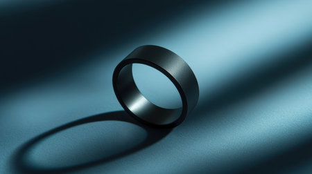 A striking black ring rests on a soft blue surface, illuminated by dramatic light that creates compelling shadows. Ideal for showcasing elegance in jewelry photography.の素材