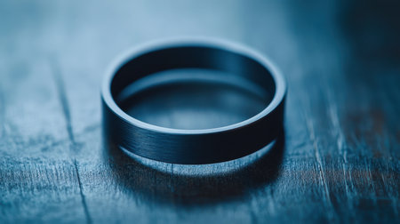 A stunning matte black ring rests elegantly on a wooden surface, illuminated by soft lighting that accentuates its sleek design and texture. Perfect for jewelry promotion.の素材