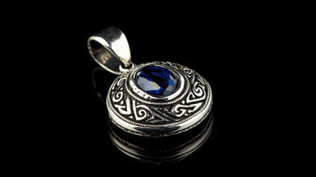 This stunning silver pendant features a deep blue gemstone set in an intricate design, perfect for adding elegance to any outfit. The craftsmanship and detail shine against a black background.の素材