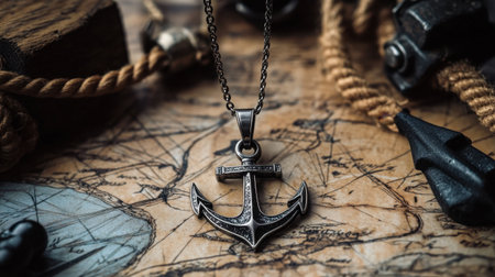 This captivating image features an antique black anchor necklace set against a vintage nautical map and various maritime elements. Perfect for travel enthusiasts.の素材
