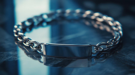 A striking silver chain bracelet elegantly displayed on a polished marble surface, showcasing its sleek design and reflective finish in soft lighting.の素材