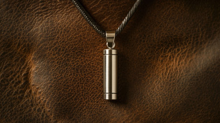 A stunning silver pendant hangs gracefully on a dark brown leather background, showcasing its elegance and craftsmanship. Ideal for fashion and jewelry themes.の素材