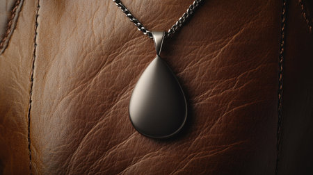 This stunning close-up image features an elegant teardrop pendant necklace resting on a soft brown leather background, highlighting the intricate details and rich texture.の素材