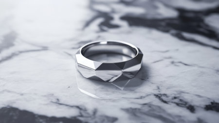 This artistic image showcases a faceted silver ring resting on a polished marble surface, emphasizing elegance and modern design. Ideal for fashion and jewelry themes.の素材