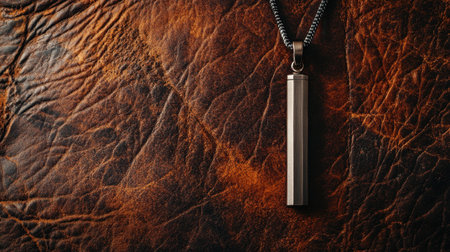 A stunning metal pendant hangs elegantly on a rich brown leather background, showcasing smooth textures and warm lighting that enhances its beauty.の素材