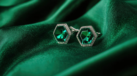 This exquisite image captures a pair of elegant hexagonal earrings with vibrant green gemstones. The rich fabric background enhances their luxurious appeal.の素材