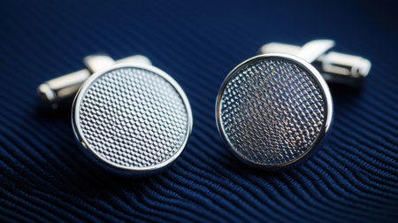 A pair of elegant silver cufflinks displayed on a textured fabric background, highlighting their shine and intricate design. Perfect accessory for formal attire.の素材