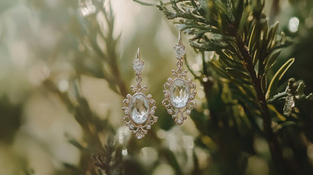 This image showcases elegant gold earrings adorned with sparkling gemstones, gently illuminated by soft natural light amidst lush greenery, encapsulating beauty and luxury.の素材