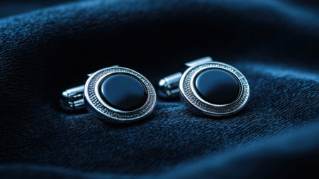 This image showcases elegant black cufflinks resting on a luxurious fabric surface, highlighting their sophisticated design. Perfect for formal attire.の素材