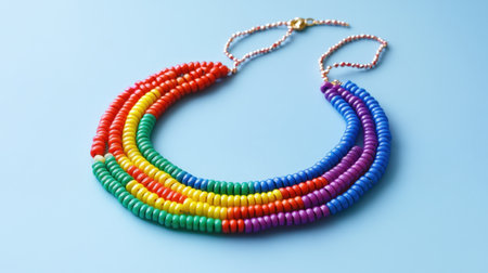 This vibrant handmade beaded necklace showcases an eye-catching rainbow design with colorful beads, perfect for adding a stylish touch to any outfit.の素材