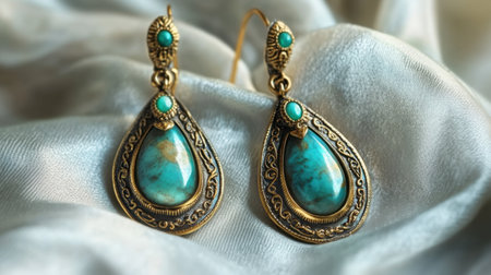 Discover exquisite vintage-style gold earrings featuring stunning turquoise stones, elegantly displayed on a soft silk fabric background for a fashionable look.の素材