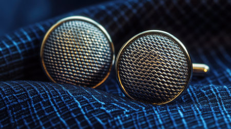 Capture the essence of sophistication with this close-up of silver cufflinks resting on luxurious dark fabric. Ideal for formal events and stylish looks.の素材