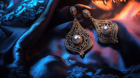 This image showcases elegant vintage earrings featuring pearl and intricate designs, set against a luxurious silk fabric with rich blue and orange shades.の素材