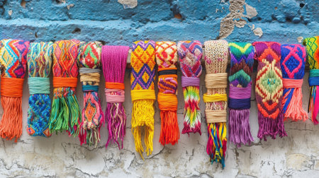 A stunning array of colorful handwoven bracelets is showcased against a rustic wall, highlighting intricate patterns and vibrant textures. Each piece reflects the rich cultural heritage and artisan craftsmanship behind these unique accessories, perfect for fashion enthusiasts and art lovers alike.の素材