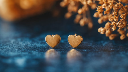 Capture the beauty of these heart-shaped wooden earrings set against a textured blue surface, complemented by delicate dried flowers, perfect for jewelry lovers.の素材