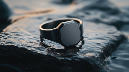 A stunning octagonal ring rests gracefully on a reflective water surface, highlighting its modern design and elegant features. The subtle play of light enhances the aesthetics, making it a perfect representation of contemporary jewelry.の素材