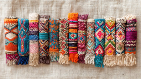 A stunning collection of colorful textiles showcasing intricate patterns and textures, perfect for representing cultural heritage and artistic craftsmanship.の素材