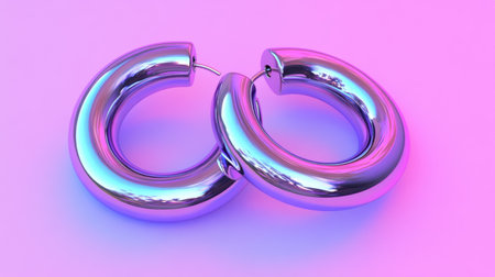 This image features two glossy metal hoop earrings with a reflective surface, set against a gradient pink and purple background, creating a modern and stylish visual.の素材