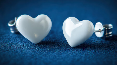 Explore these beautiful white heart-shaped stud earrings resting on a vibrant blue velvet background. Perfect for adding elegance to any outfit, these earrings capture a romantic essence and charm that makes them an ideal gift or fashion statement.の素材
