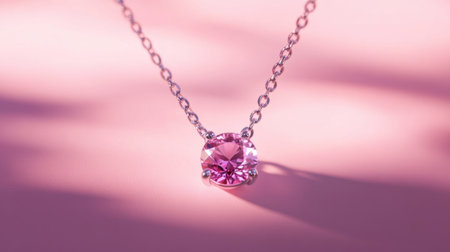 A beautiful close-up of a delicate pink gemstone necklace with a silver chain, elegantly displayed against a soft pink background, exuding charm and sophistication.の素材
