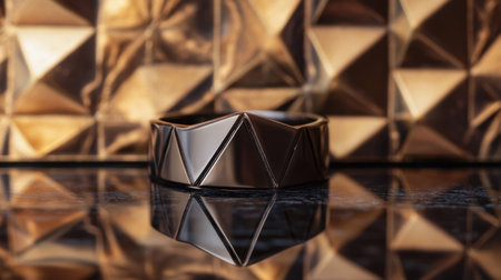 This image showcases an elegant brown bracelet with a geometric design, featuring a shiny finish and stunning reflection on a surface, all set against a textured gold backdrop.の素材