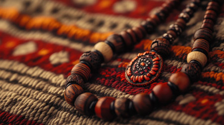 This captivating image showcases an elegant beaded necklace resting on a richly textured fabric background, featuring earthy tones and intricate details.の素材
