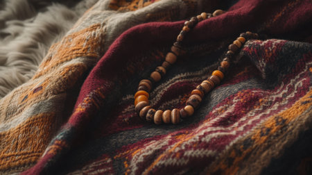 This image captures a beautifully handcrafted beaded necklace arranged on a cozy, multicolored textile, showcasing intricate patterns and warm tones.の素材