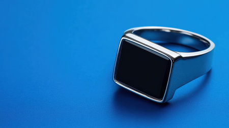 A striking silver smart ring presents a sleek and minimalistic design, set against a vibrant blue background, showcasing modern elegance and innovation.の素材