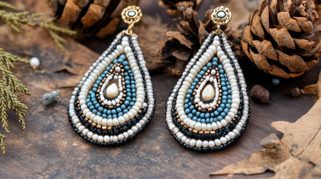 Discover the charm of these elegant teardrop beaded earrings with striking blue and white accents. Perfect for adding a touch of sophistication to any outfit.の素材