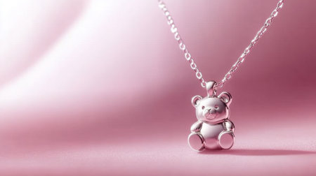 A charming silver teddy bear pendant necklace showcases elegance against a soft pink backdrop, perfect for gifts or stylish accessories for children.の素材