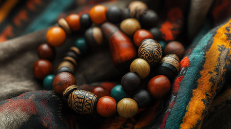 Close-up view of colorful beaded bracelets resting on vibrant fabric, showcasing intricate patterns and textures, ideal for fashion and accessory concepts.の素材
