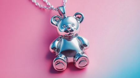 This striking silver teddy bear pendant necklace features a charming design, beautifully reflecting light against a soft pink backdrop, perfect for gifts.の素材