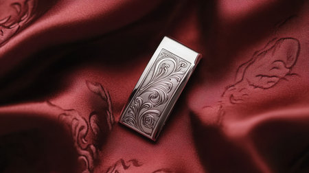 This stunning silver money clip features an intricate floral design, resting on a luxurious red silk background, perfect for elegant gifting or personal use.の素材
