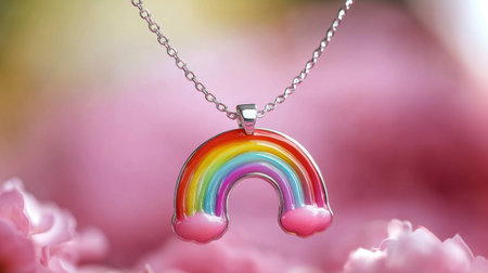 A stunning rainbow pendant necklace showcases vibrant colors and delicate silver detailing, perfect for adding charm and style. Ideal for gift-giving.の素材