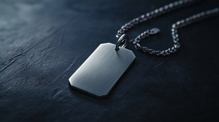 A sleek silver dog tag pendant hangs from a delicate chain, set against a dark textured surface. This minimalist design is ideal for personalization or as a unique gift, showcasing elegance and craftsmanship.の素材