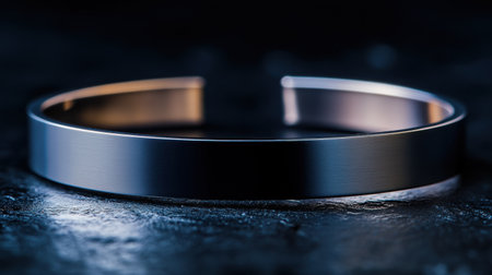 A sleek and elegant silver bracelet rests on a dark textured surface, perfect for showcasing modern fashion accessories in promotional materials.の素材