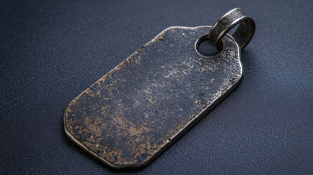 This vintage metal tag showcases a weathered design, perfect for labeling and branding in various creative projects. Ideal for crafts and decoration.の素材