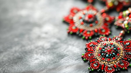 This image showcases vibrant handmade jewelry featuring intricate bead patterns. The design highlights the beauty of craftsmanship in a stylish accessory.の素材