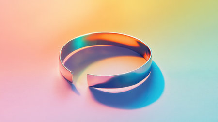 A stunning silver bangle bracelet rests on a soft, colorful background, showcasing elegant reflections and a minimalist design perfect for modern fashion.の素材