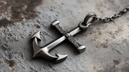 This image features a stylish black anchor pendant necklace resting on a rustic surface. The intricate detailing showcases craftsmanship and elegance, perfect for fashion enthusiasts.の素材