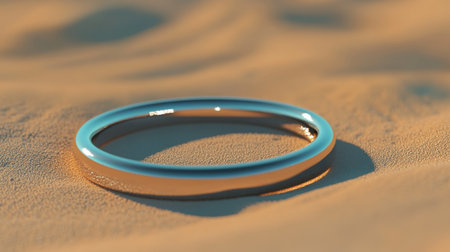 A minimalistic round ring rests gracefully on soft sand, capturing a serene moment in a desert setting. The smooth surface reflects light beautifully, creating a sense of elegance and simplicity.の素材