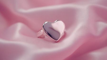 A stunning heart-shaped ring rests elegantly on soft pink satin, showcasing its reflective surface. Perfect for romantic occasions or as a special gift.の素材